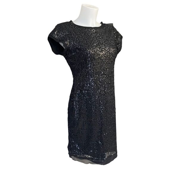 Vince Camuto Black Fully Sequinned Mini Evening/ Casual Dress Frayed Trims Sz 4 - Picture 3 of 10